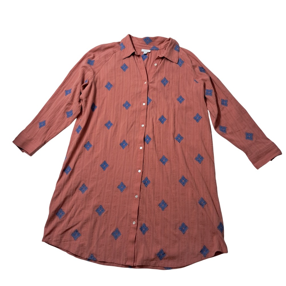 J. Jill Pure Jill Shirt Dress Womens XL Coral Embroidered Button Front Lagenlook